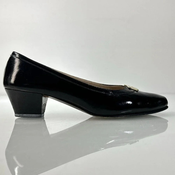 Salvatore Ferragamo Vintage Black Patent Leather Block Heel Buckle Accent Sz 7 - Picture 6 of 16